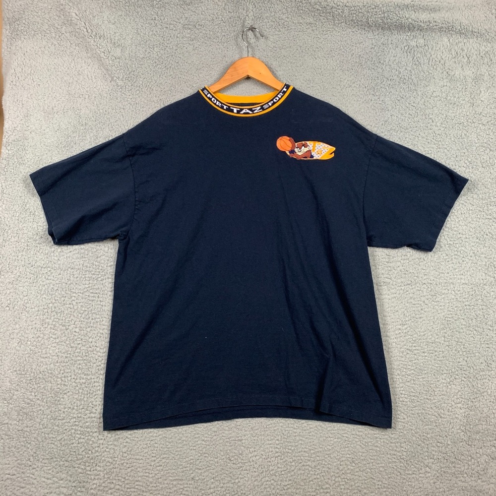 Vintage Taz Sports T-Shirt Mens XL Navy Short Sleeve Embroidered Looney Tunes